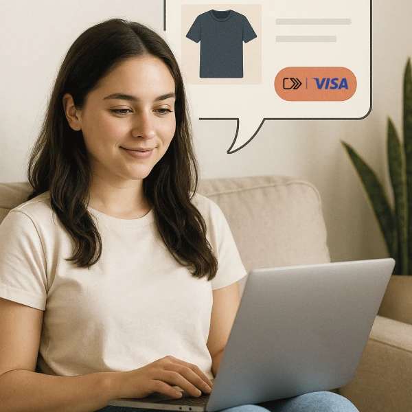 Junge Frau sitzt auf der Couch und sieht mit Lächeln zum Laptop auf ihren Schoß.