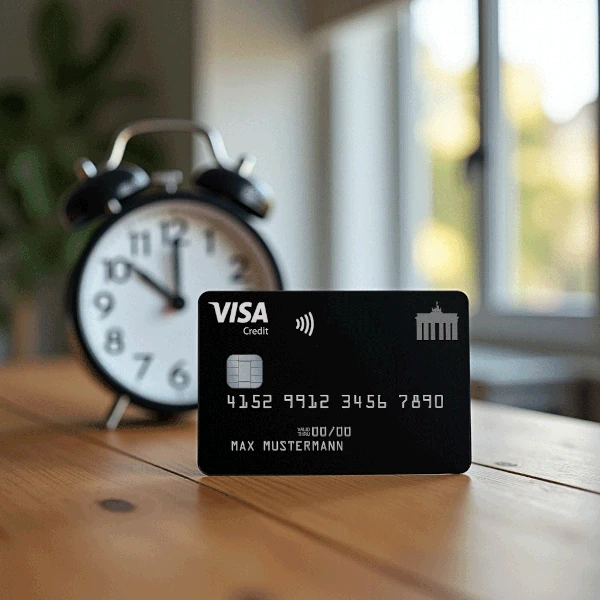 Eine Weckeruhr dem Tisch, davor steht die Deutschland-Kreditkarte.