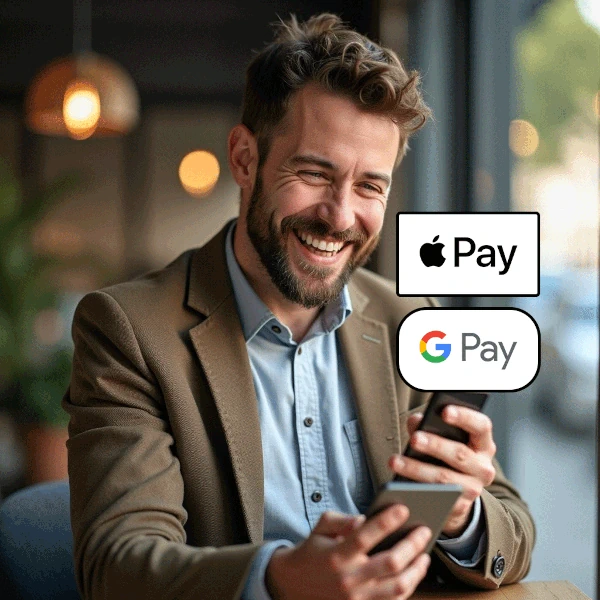 Mann mit zwei Smartphones, im Vordergrund die Logos von Apple- und Google-Pay.