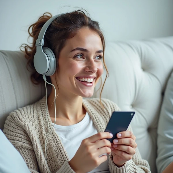 Auf Couch sitzende Frau, hat Kopfhörer auf und hält ihr Handy mit beiden Händen.